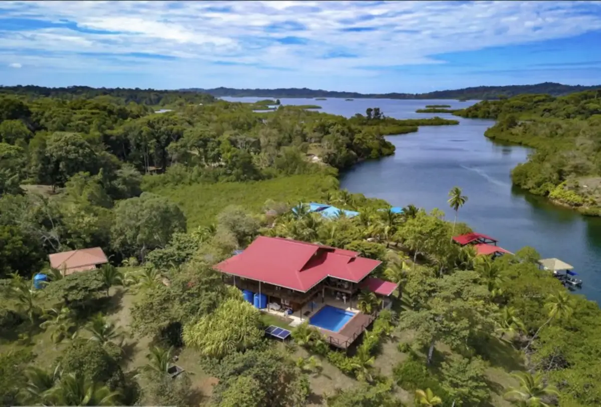 Aerial view of the property with main and second houses, set within the Bocas archipelago